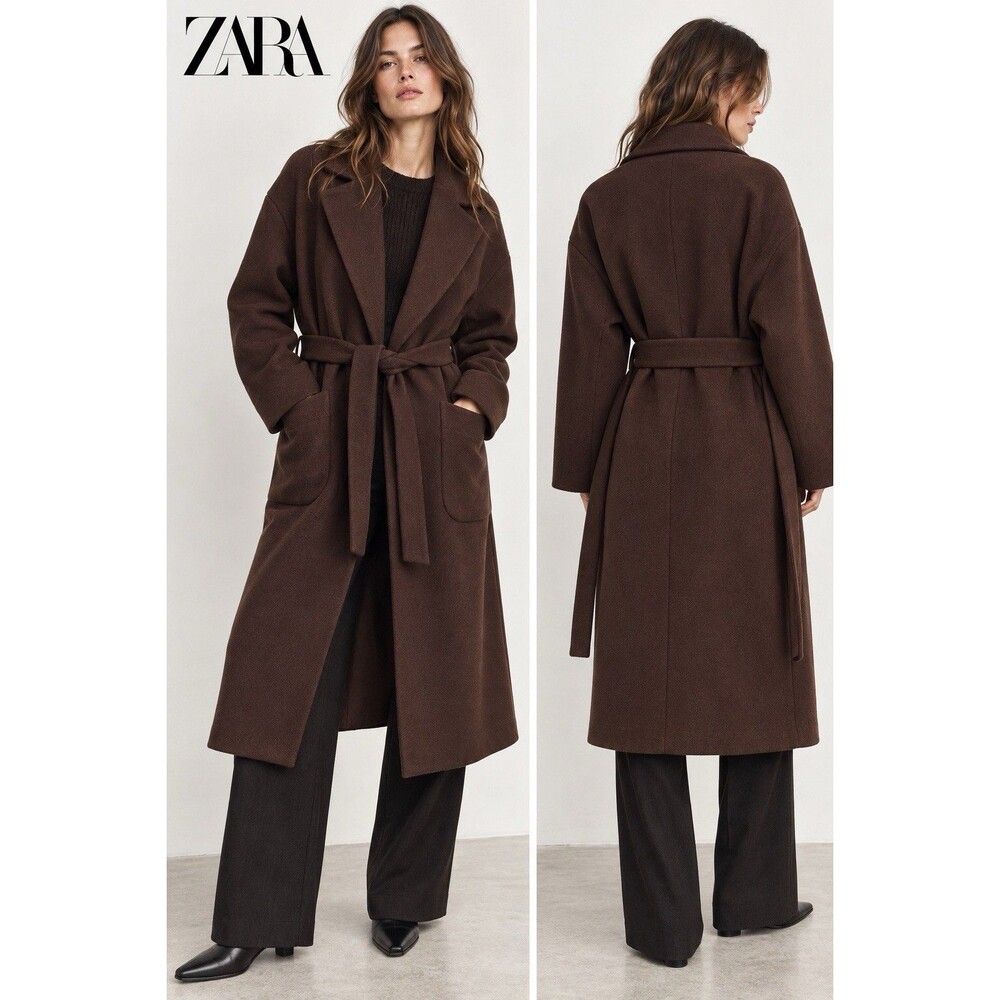 NWT Zara Manteco Italian wool fabric Chocolate Brown Belted Long Wrap Coat XS